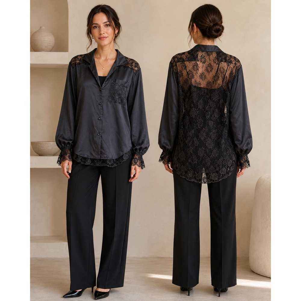 Vintage Lily of France Satin Lace Pajama Blouse S Romantic Goth